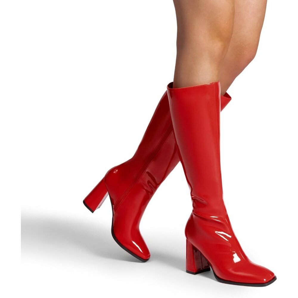 Women's Red DREAM PAIRS Knee-High Boots Square Toe Gogo Chunky Heel Side Zip - Picture 9 of 9